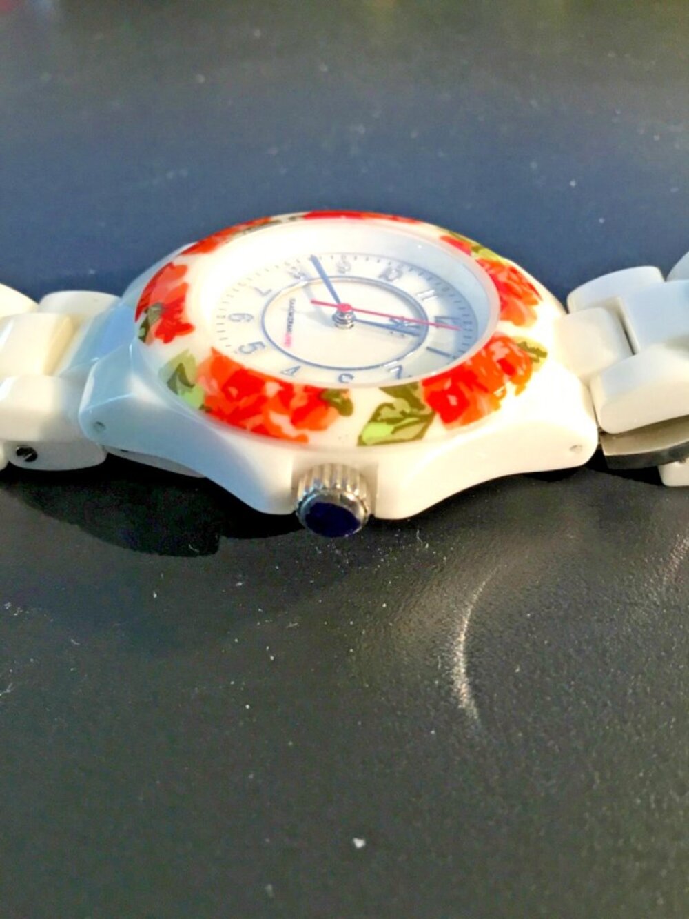 Isaac Mizrahi watch orange/red ceramic links floral bezel silvertone new battery - Picture 6 of 10